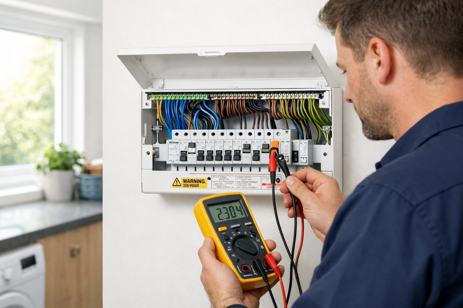 Qualified electrician in Dorset testing a modern UK consumer unit for safety and efficiency.