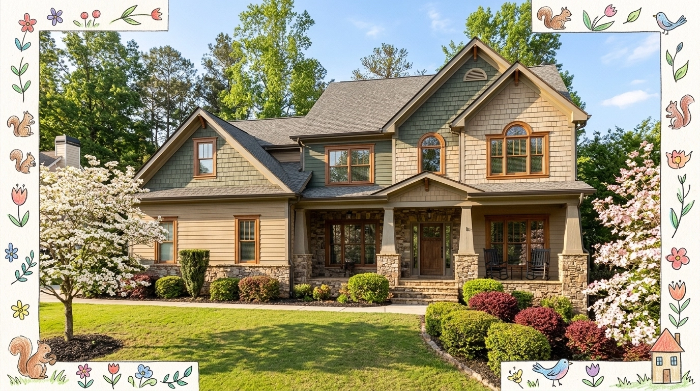 A beautiful craftsman-style home in a quiet Powder Springs, Georgia neighborhood featuring a wide front porch and flowering dogwood trees, framed with playful hand-drawn accents. A beautiful craftsman-style home in a quiet Powder Springs, Georgia neighborhood featuring a wide front porch and flowering dogwood trees, framed with playful hand-drawn accents.