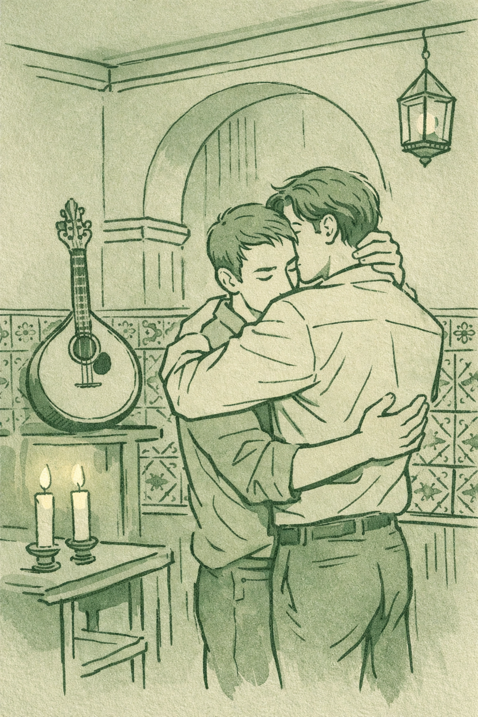 Two men embrace in historic Lisbon fado house with Portuguese guitar - MM romance setting