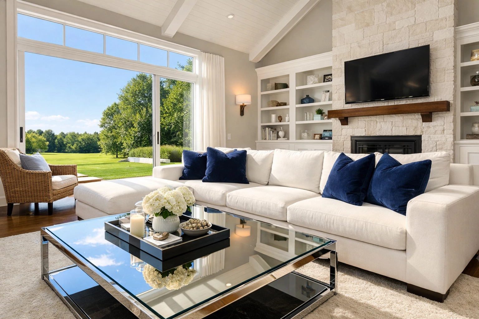 A clean, sun-drenched living room with navy accents, expertly finished by professional cleaners Massachusetts.