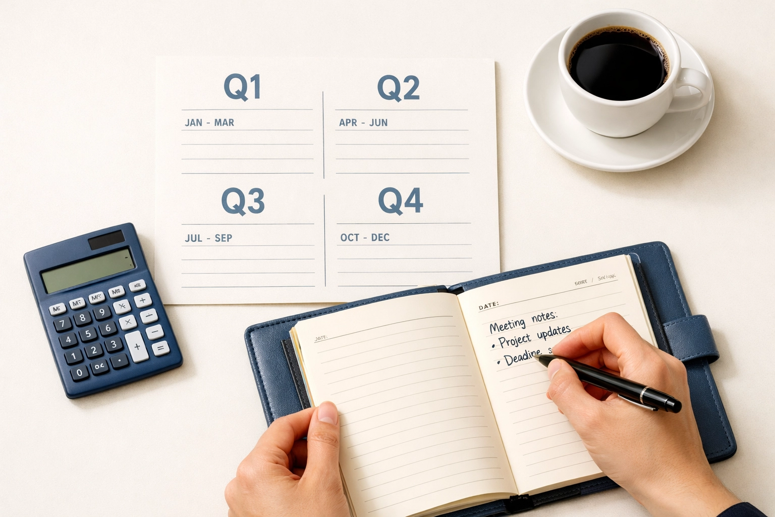 Quarterly tax payment calendar with calculator and planner on organized desk