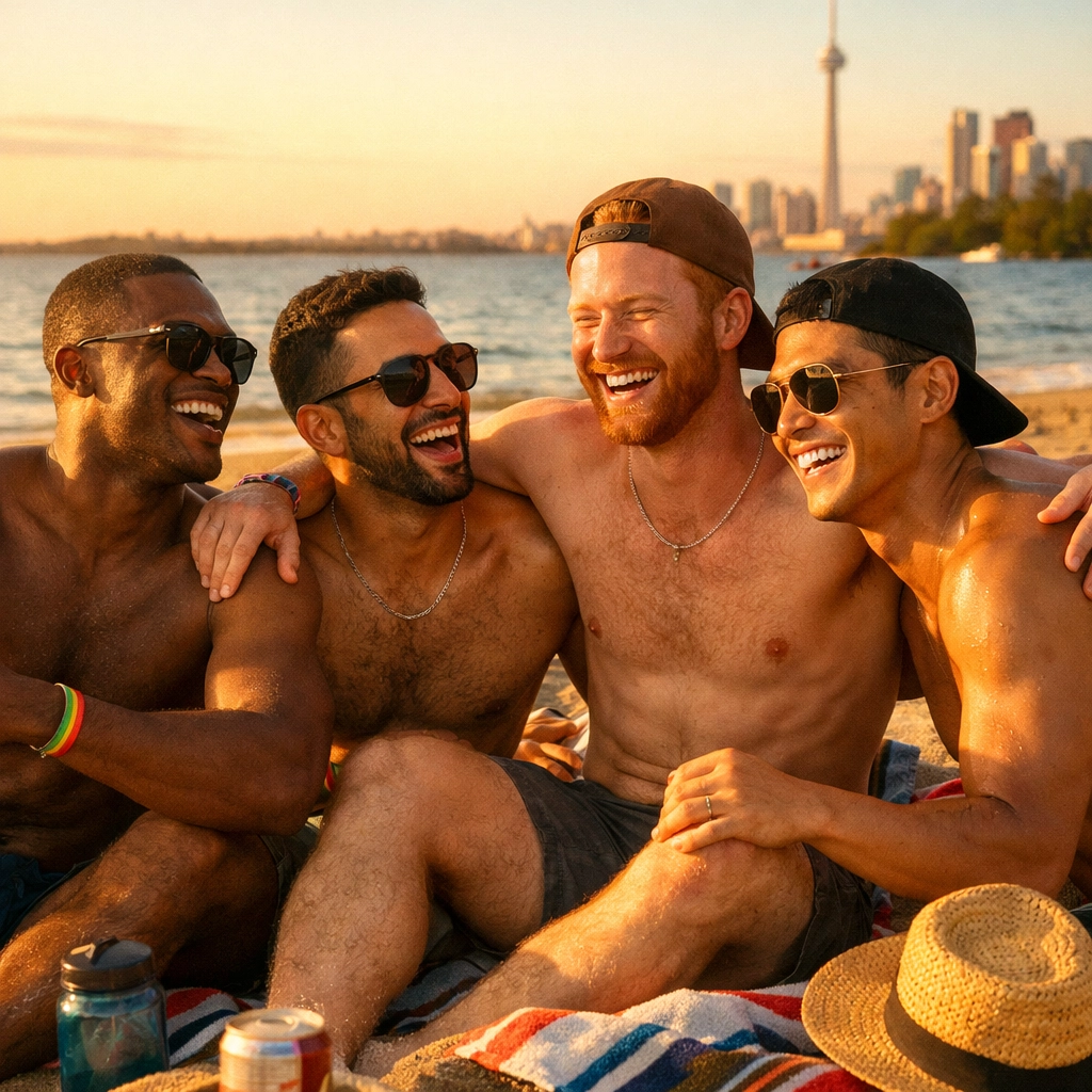 Gay men enjoying summer day at Hanlan's Point Beach Toronto LGBTQ+ clothing-optional beach