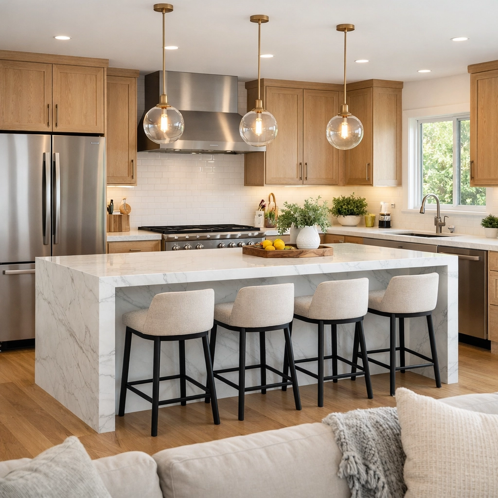 Kitchen remodeling Orlando featuring marble island and white oak cabinetry in open-concept layout