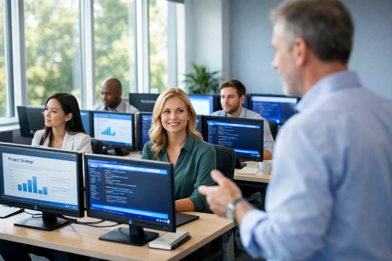 ServiceNow training session with professionals learning platform implementation at workstations