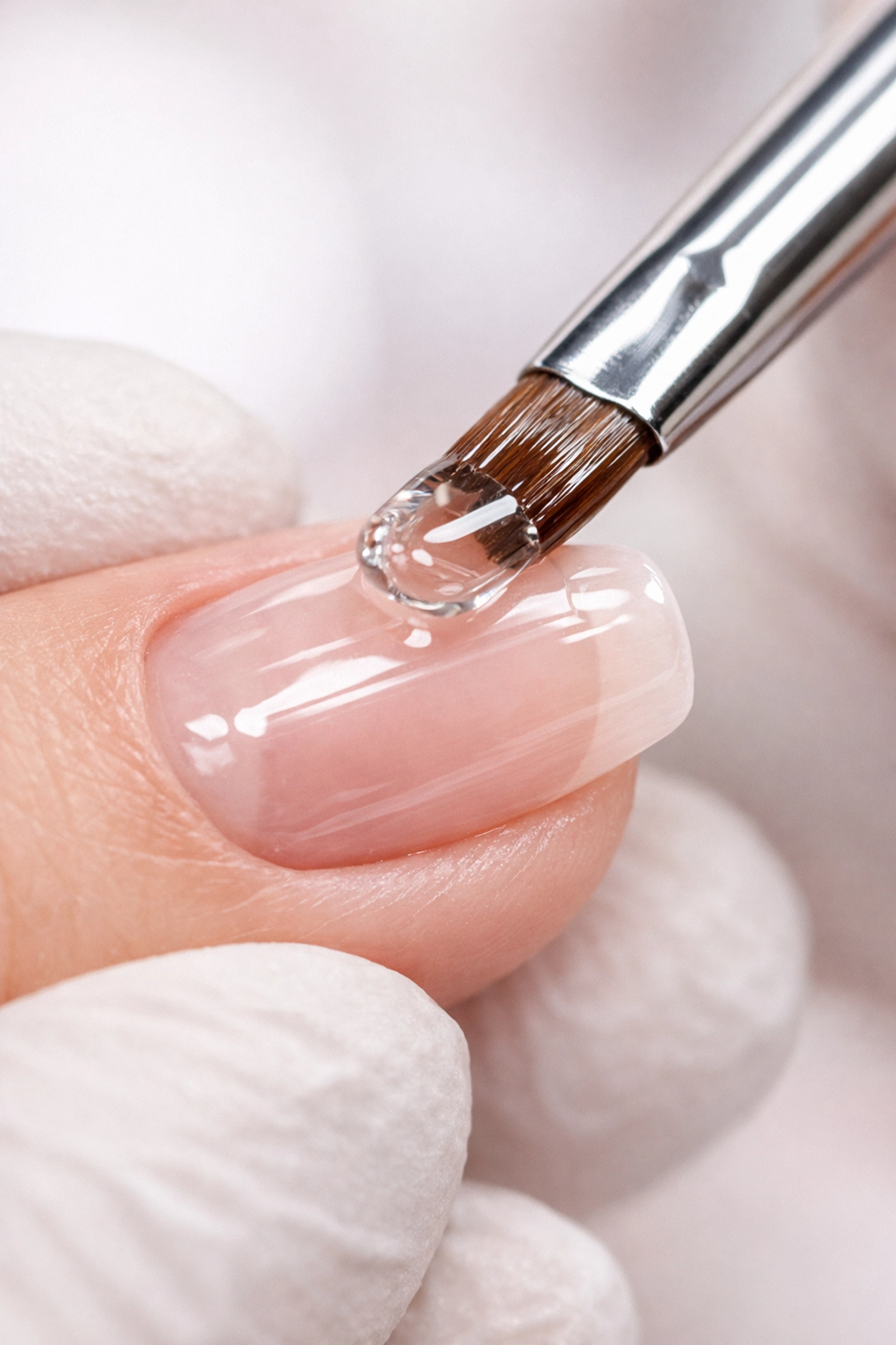 Nail technician applying Kokoist structured gel overlay with precision brush technique