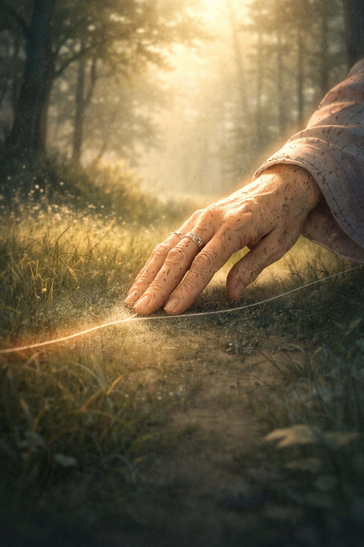 The Weaver's hand rests on a fading thread in the mystical Whispering Woods forest clearing