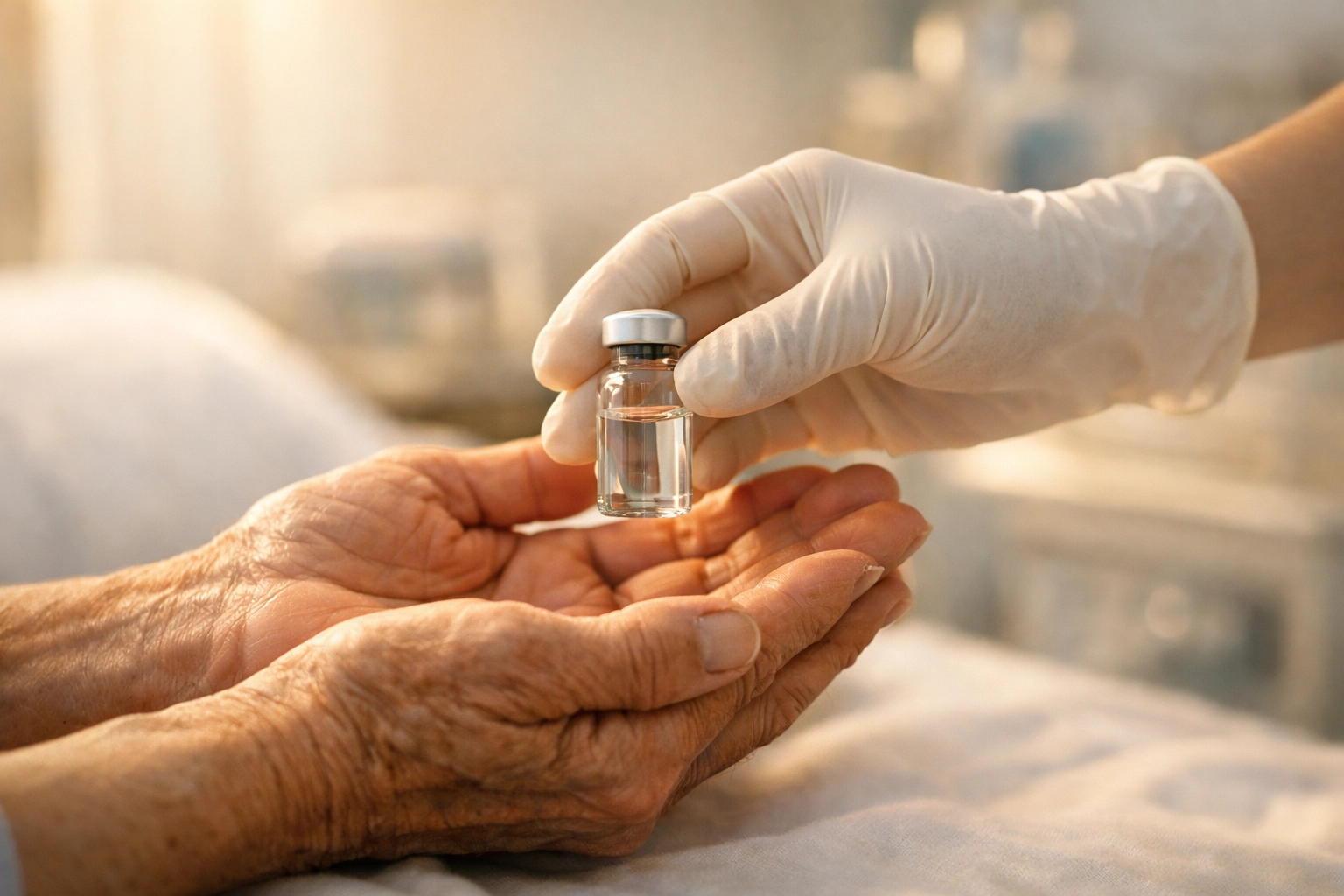 Close-up of hands passing a glass vial of medicine, symbolizing humanitarian compassion and medical aid.