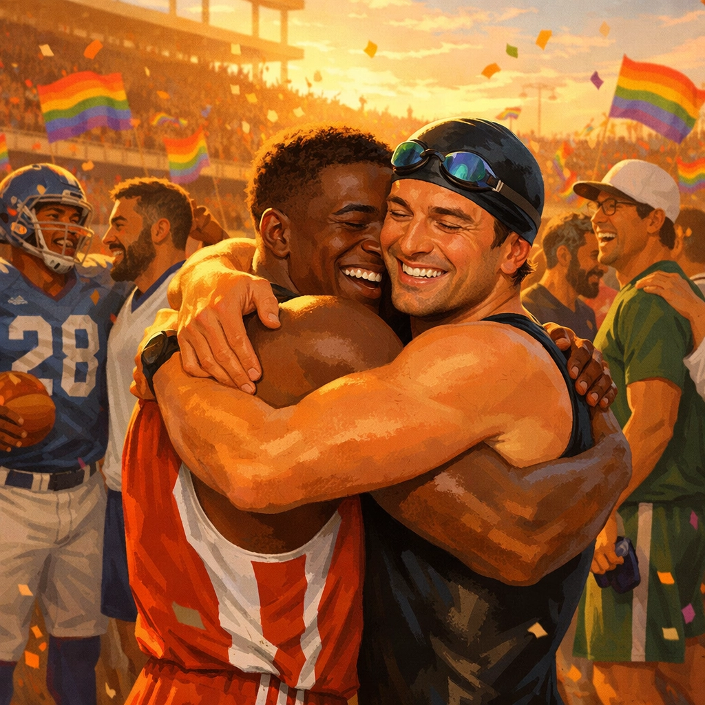 Male athletes embracing at Olympic closing ceremony celebrating unity and LGBTQ+ pride