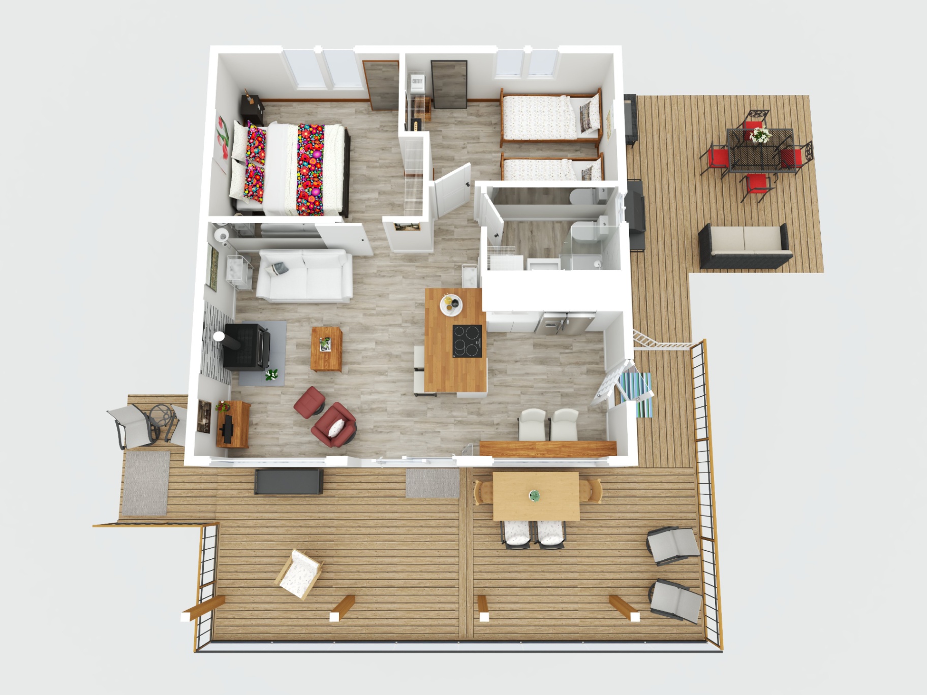 3D rendered floor plan of two-bedroom home