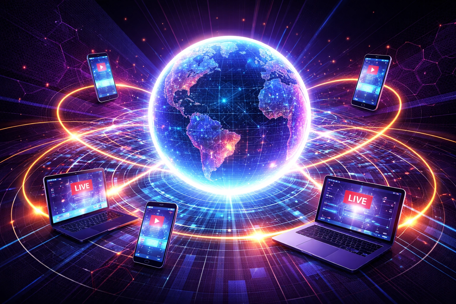 Illustration of global event livestreaming with connected devices showing worldwide digital reach