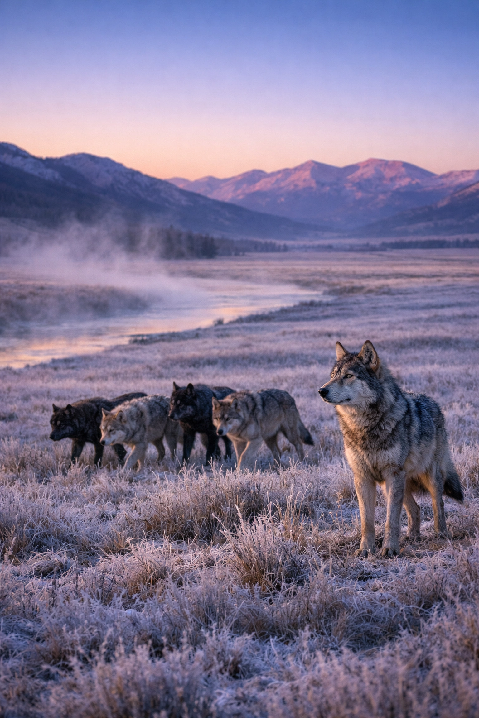 Gray wolf pack in Yellowstone's Lamar Valley at dawn during a student wildlife observation field study.