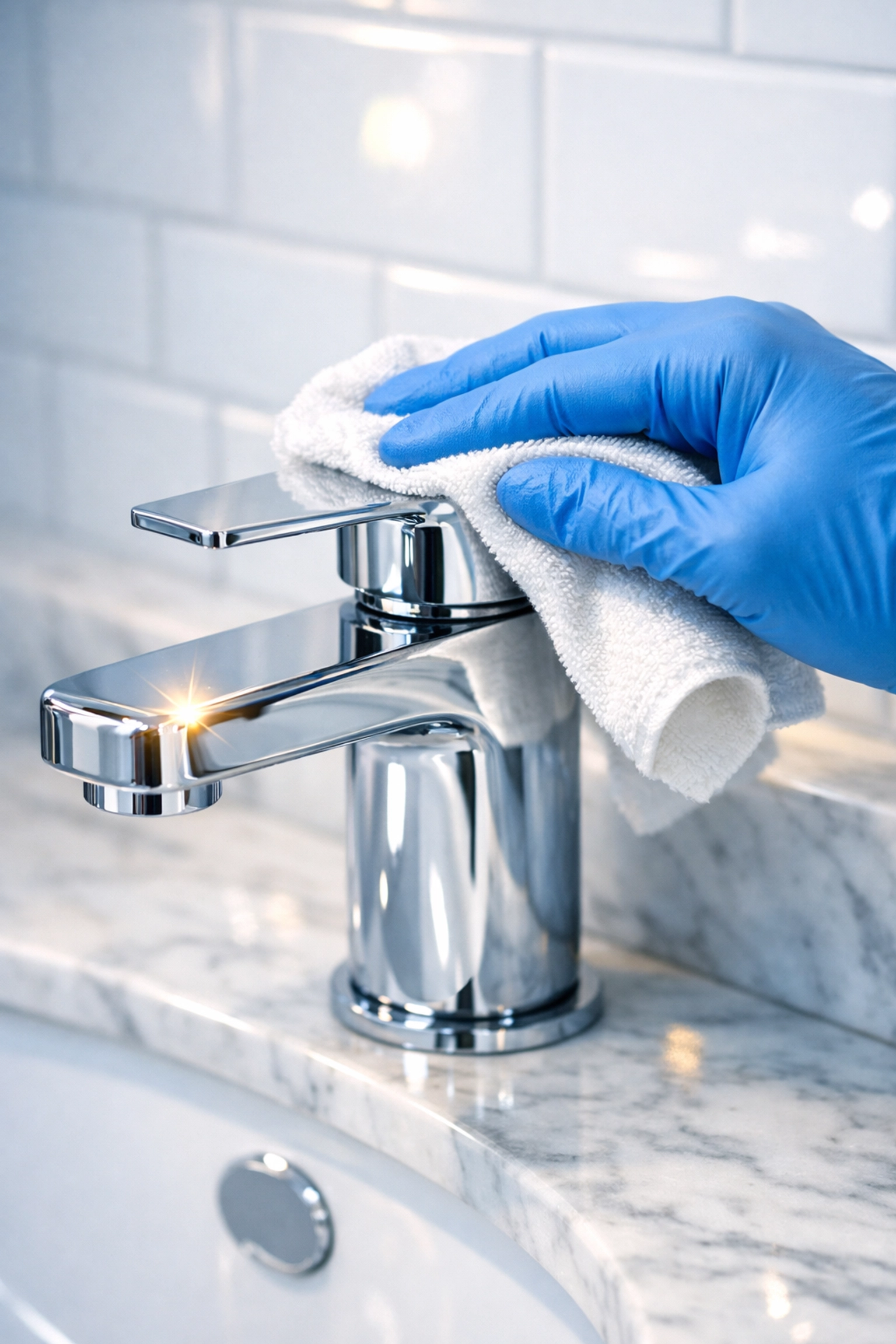 A professional cleaner sanitizing a bathroom faucet for a move-in cleaning service in Harvard, MA.