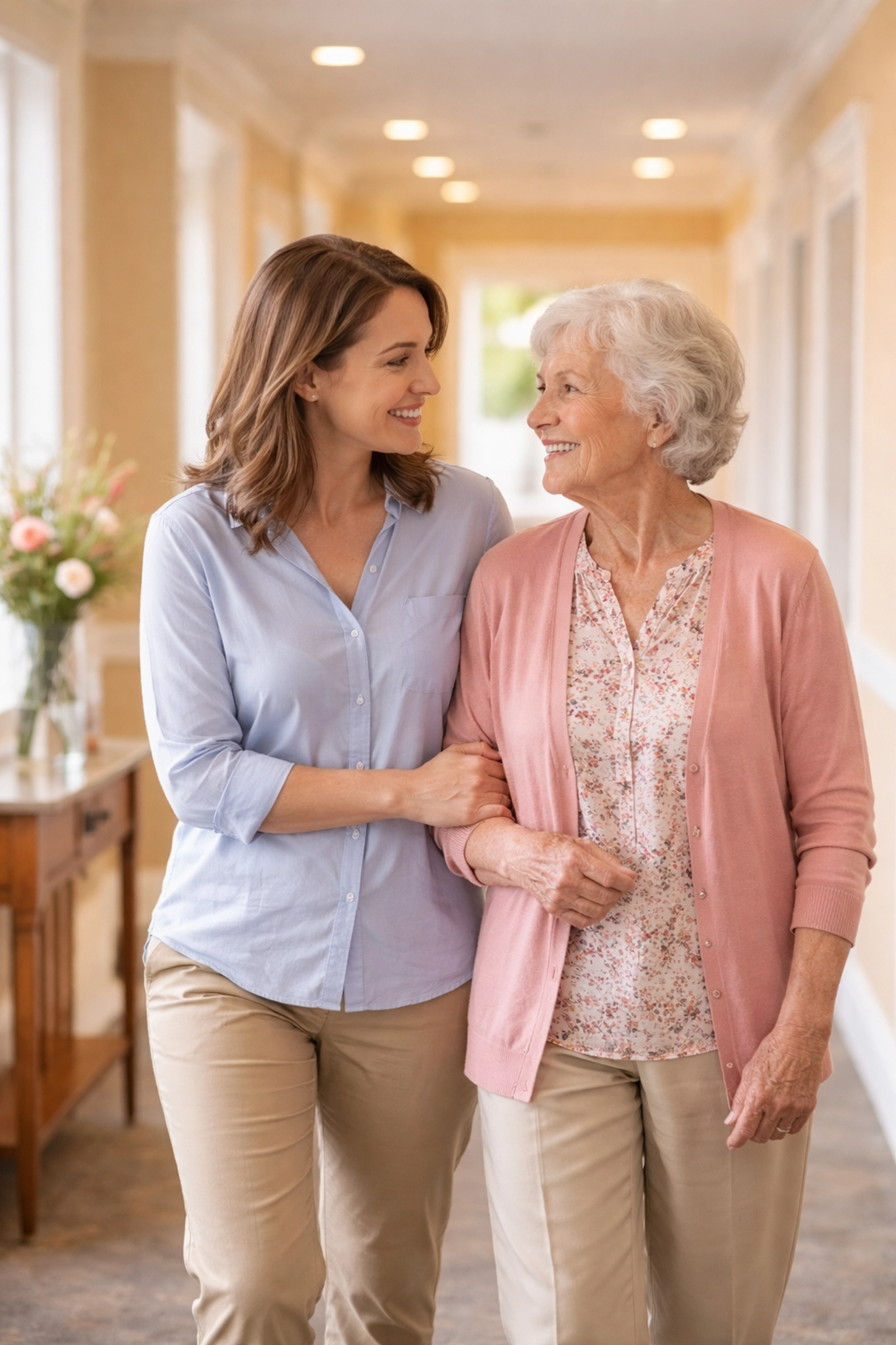 Adult daughter and elderly mother touring a Sarasota assisted living facility together