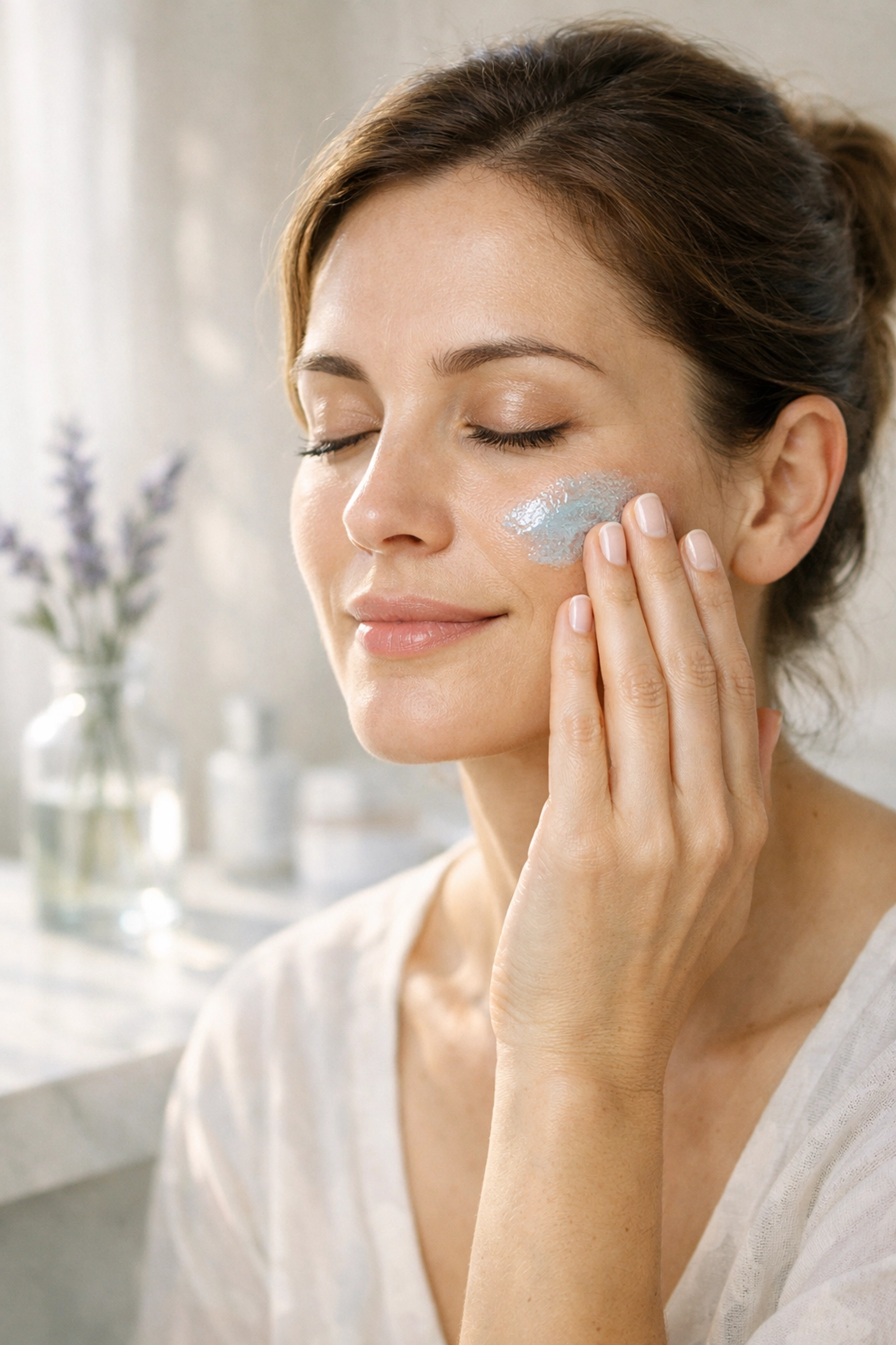 Woman applying blue copper peptide gel to soothe skin during a Morgellons healing routine.