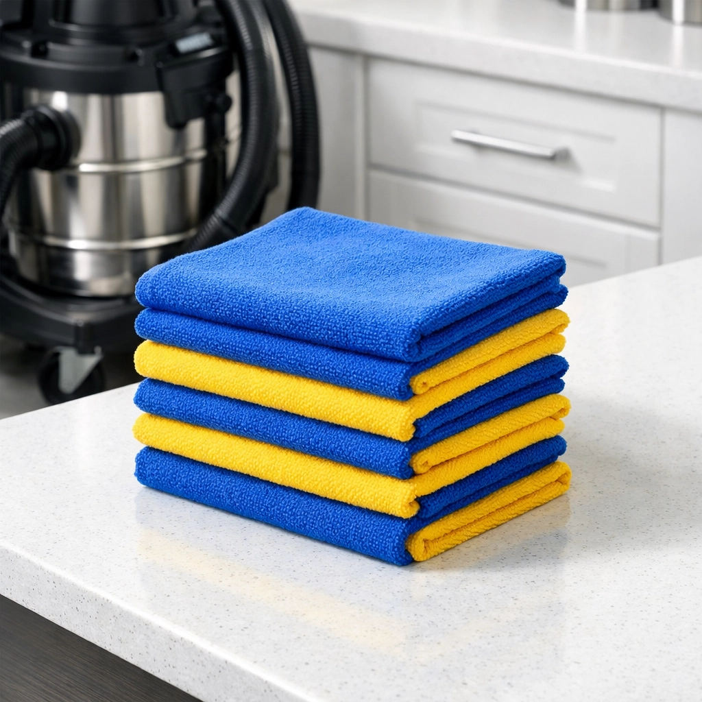 Professional microfiber cloths and vacuum used by a Westwood home cleaning service for large estates.