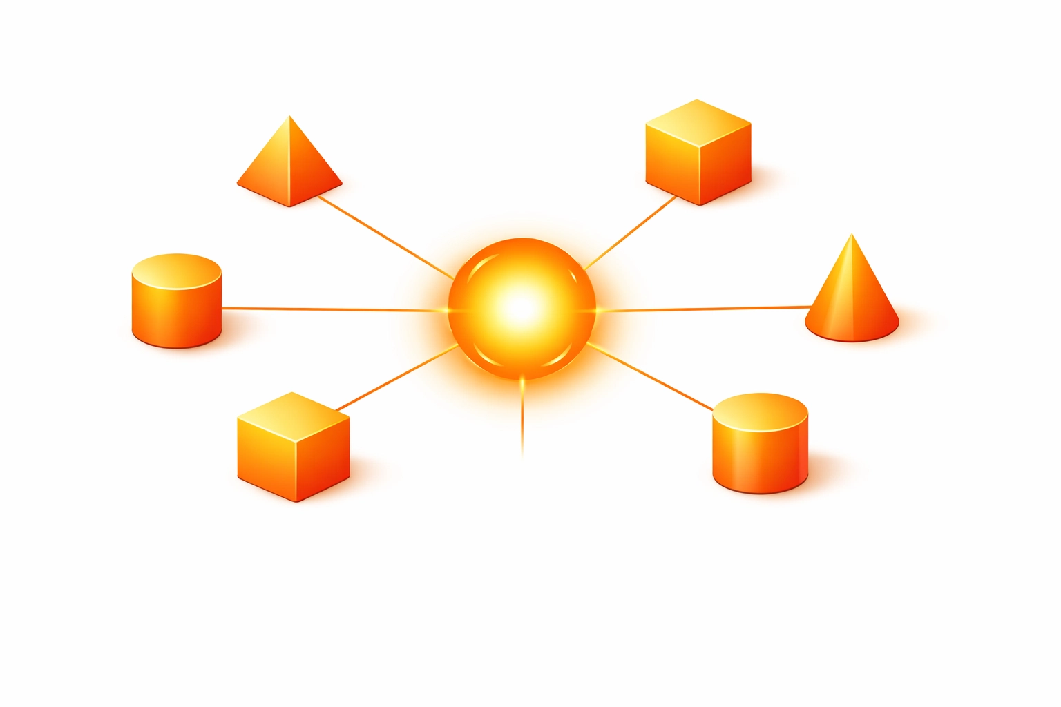 Connected geometric symbols illustrating real-time data connectivity and modularity in print shop management.