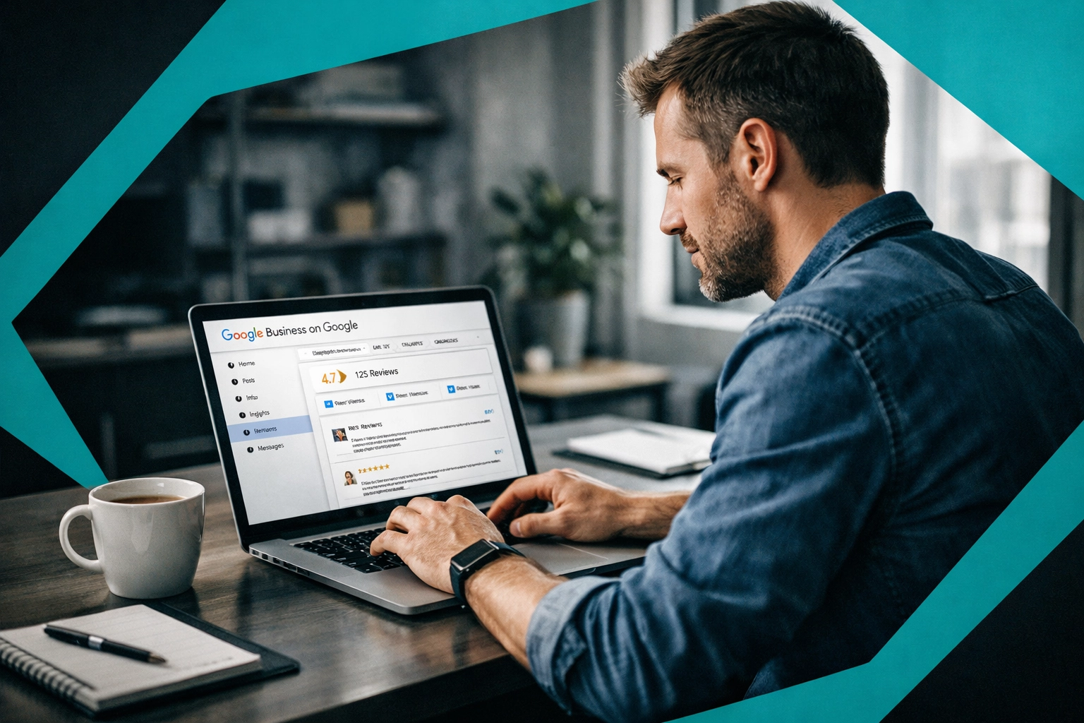 Small business owner managing Google Business Profile reviews on laptop