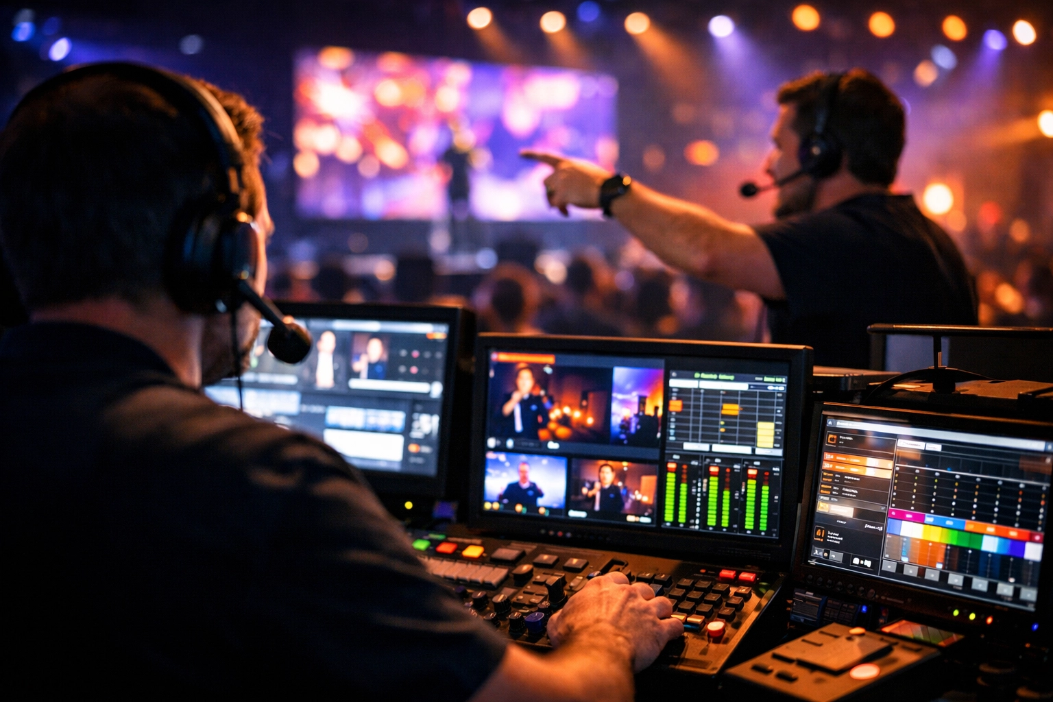 AV technician managing live event production from control desk with multiple monitors
