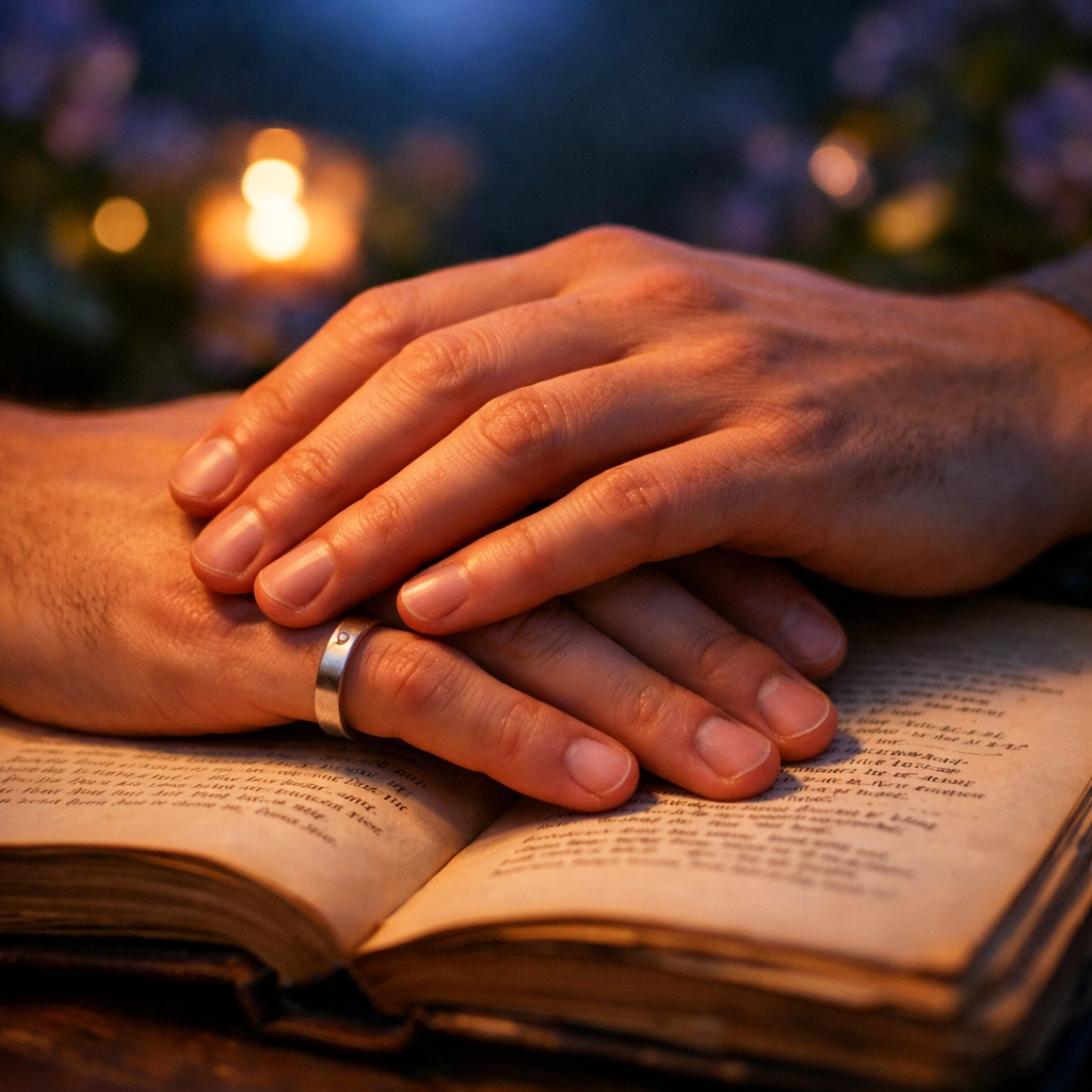 Two men's hands clasped over a book of poetry in a garden, capturing the soulmate trope in gay romance.