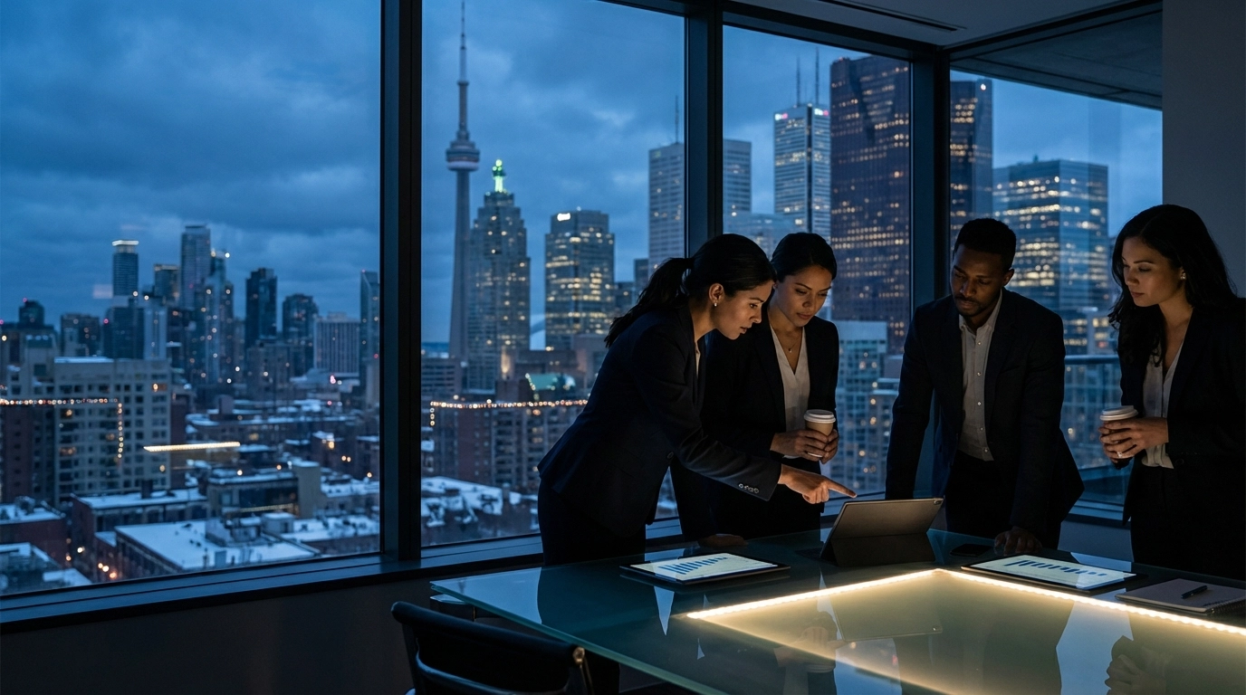 North American winter skyline and PR team