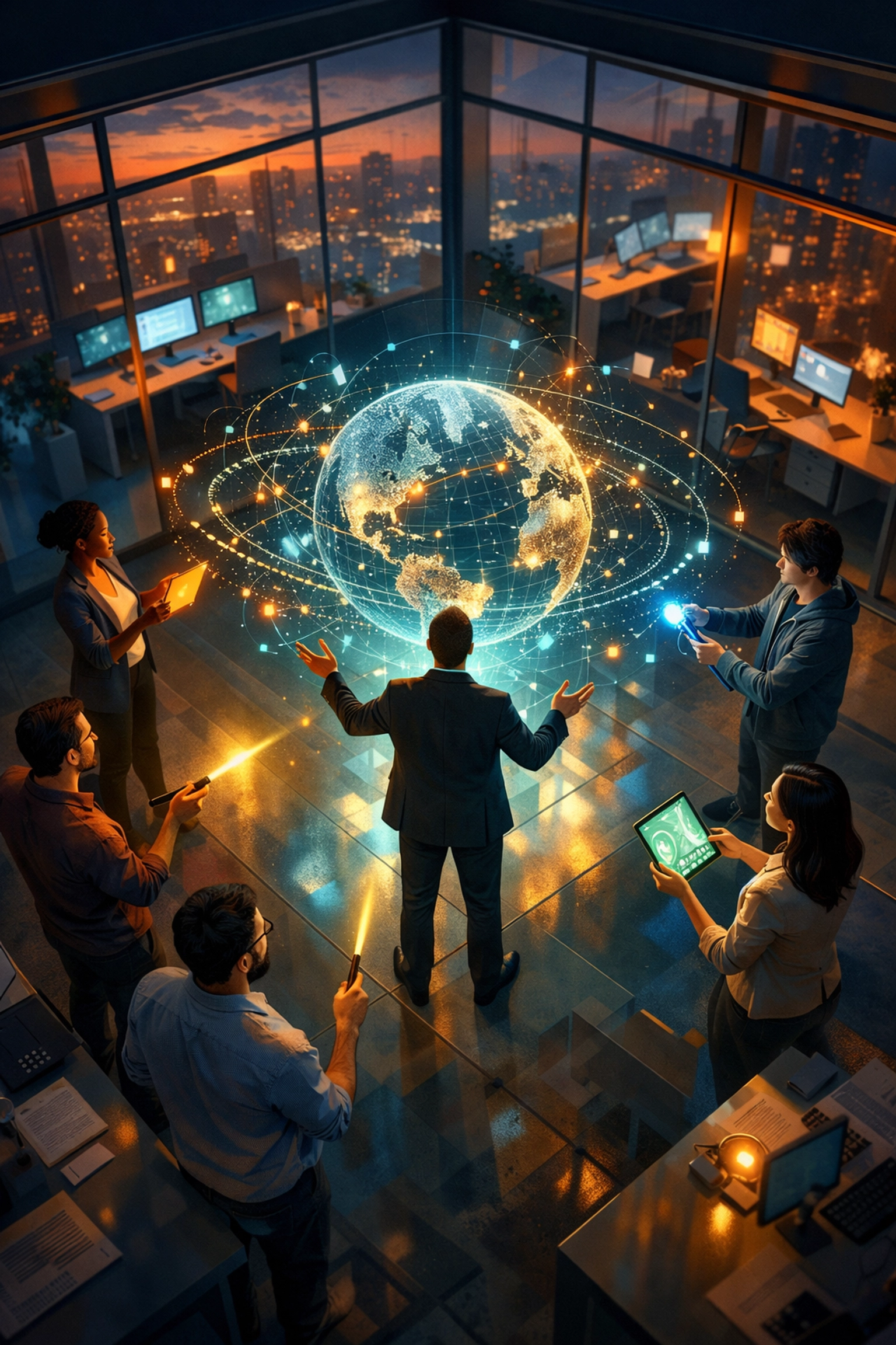 Global innovation hub showing collaborative team data sharing and effective startup leadership tips.