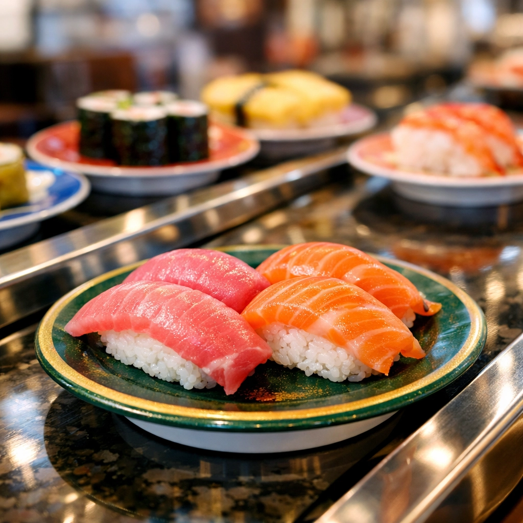 Fresh tuna and salmon nigiri on a conveyor belt at a Tokyo kaitenzushi, one of the city's best cheap eats.
