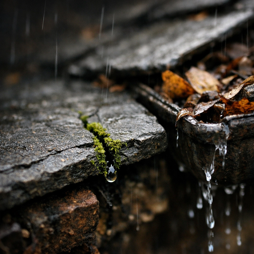 A cracked roof tile and blocked gutters showing how poor home maintenance can affect insurance claims.