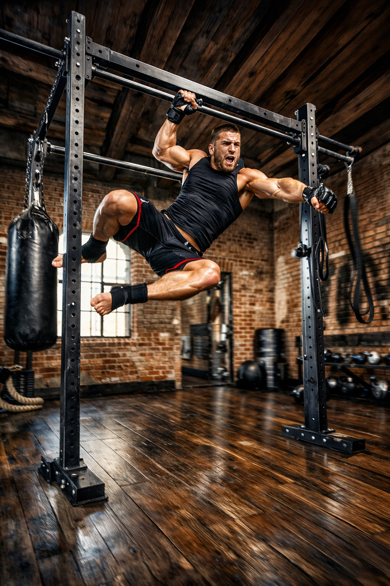 MMA athlete using calisthenics equipment for home to perform high-intensity explosive training.
