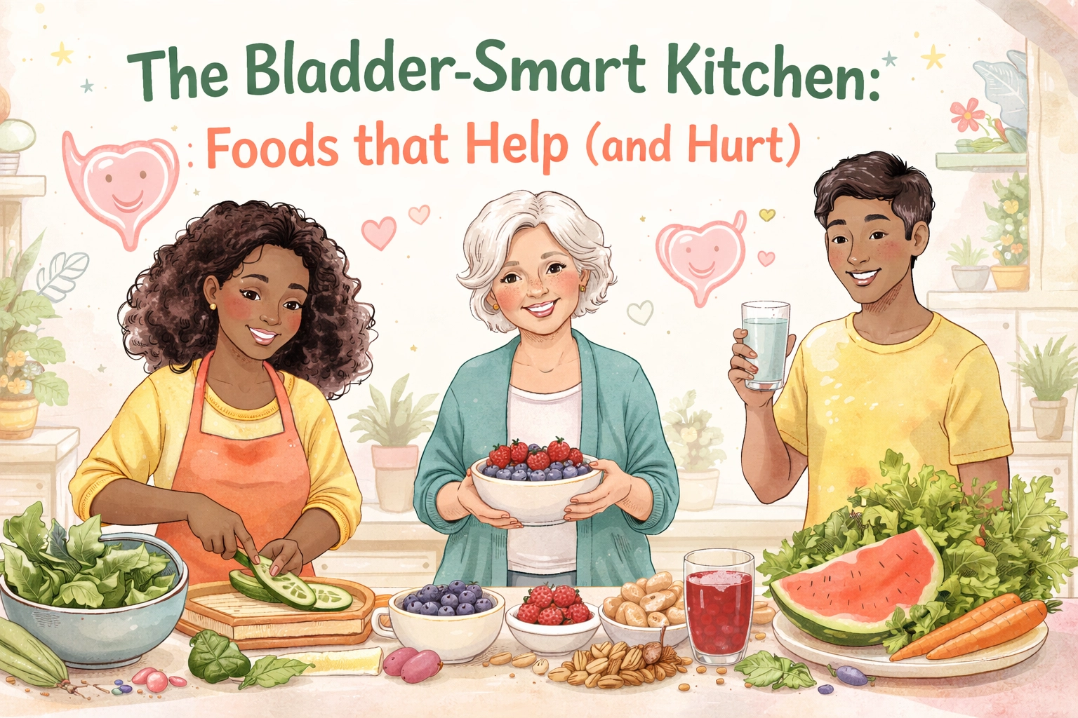 Illustrated scene titled “The Bladder-Smart Kitchen: Foods that Help (and Hurt).” Three caregivers stand in a warm, family kitchen preparing bladder-friendly foods. One adult slices cucumbers, another holds a bowl of berries, and a child holds a glass of water beside fruits and vegetables like watermelon, carrots, leafy greens, nuts, and potatoes. Friendly bladder icons and soft hearts appear in the background, conveying a supportive, shame-free approach to pediatric bladder health and nutrition.