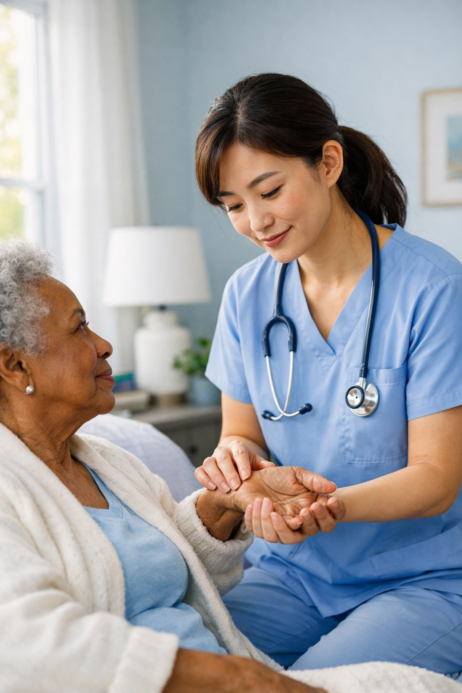 Skilled caregiver providing a wellness check with compassion for an elderly patient in Prince William County.