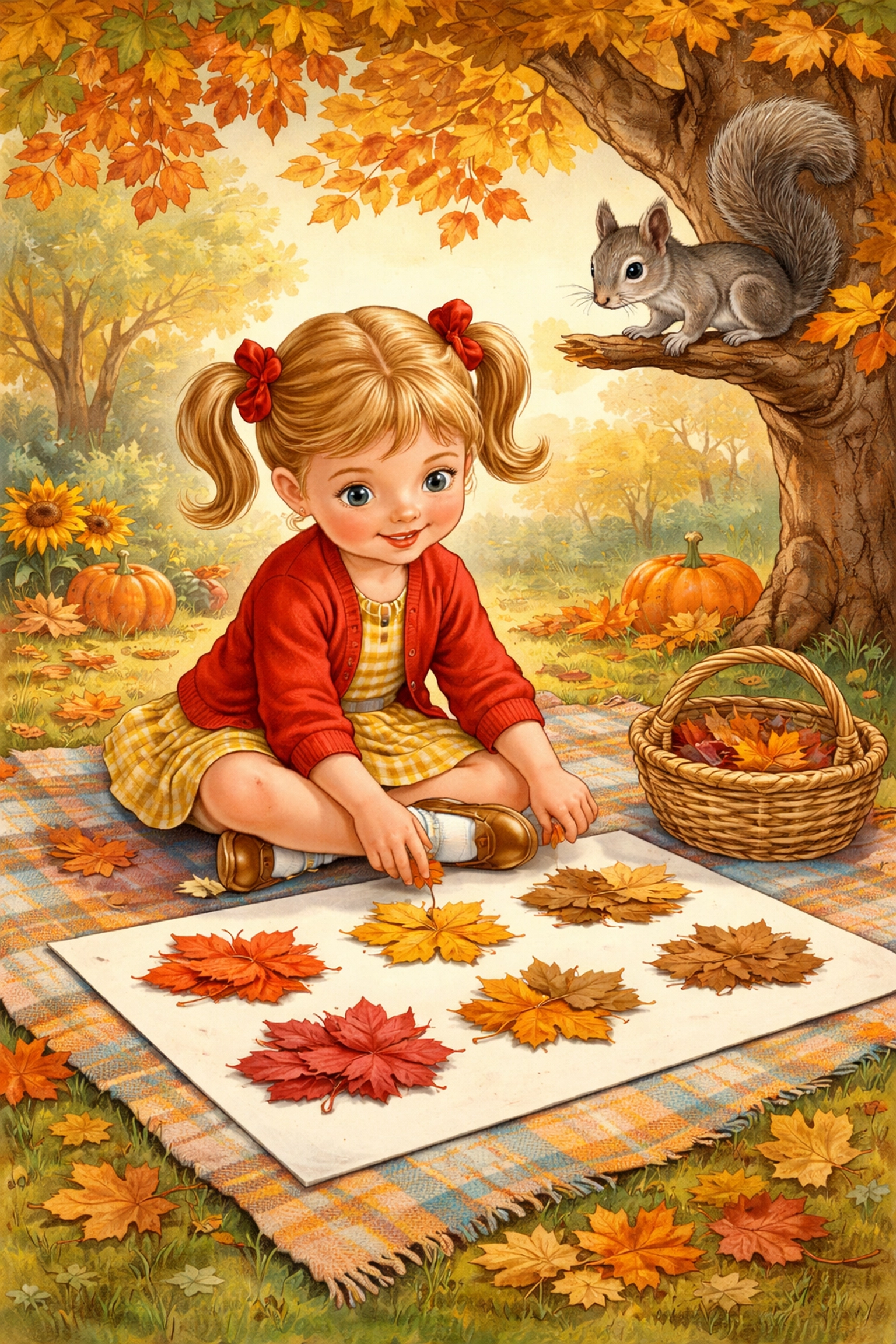 Girl sitting outdoors sorting colorful leaves into piles on a blanket, making learning about leaf shapes fun