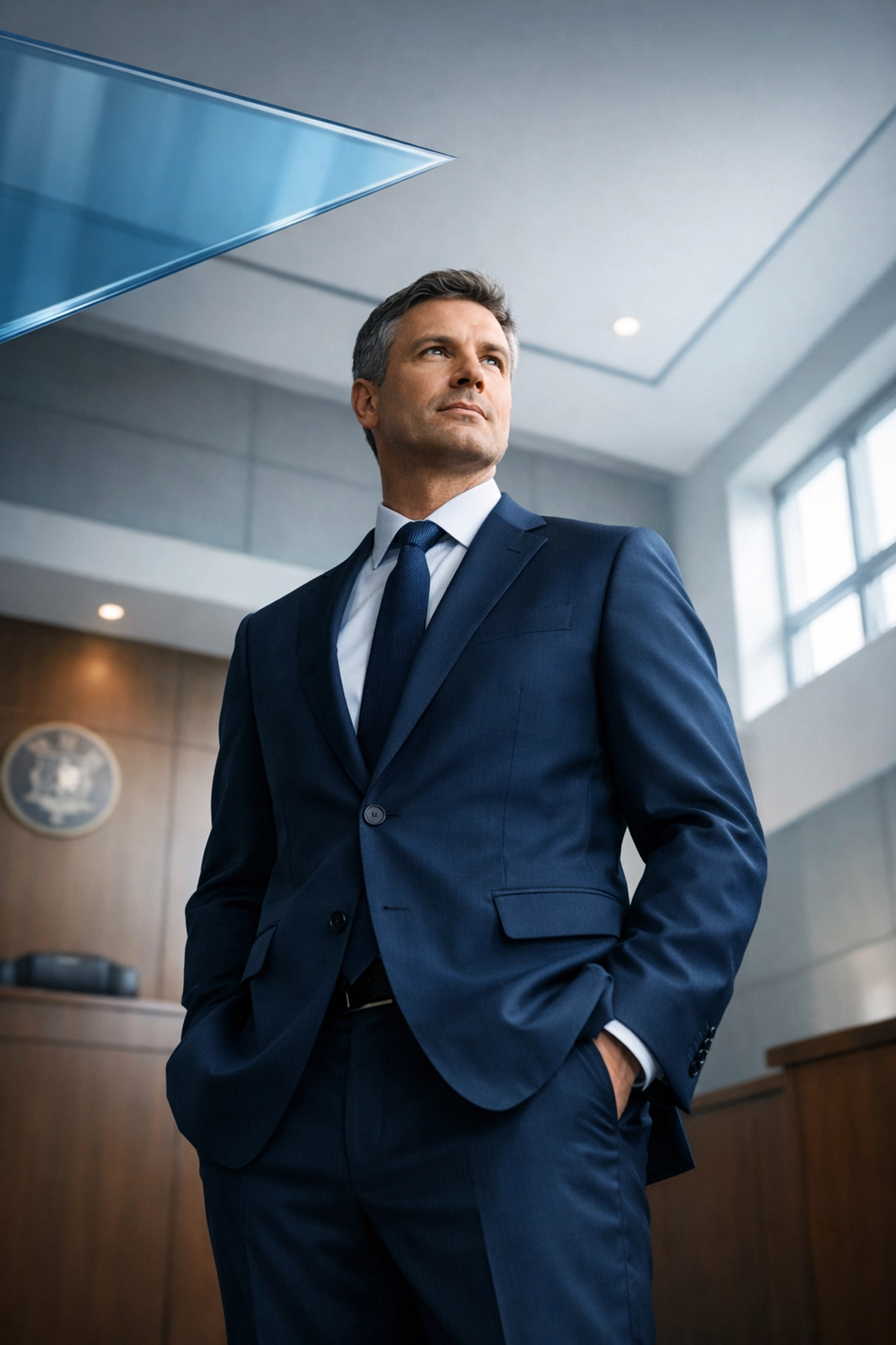 Professional Virginia Beach custody lawyer standing in a modern courtroom, providing dedicated legal representation.