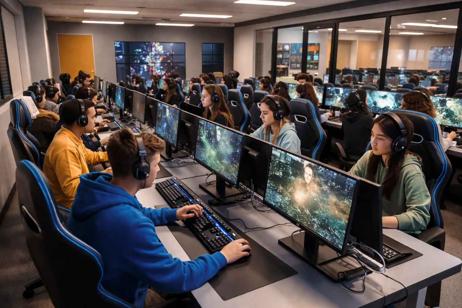 High school students engaged in esports competition using branded gaming equipment in a modern classroom setting