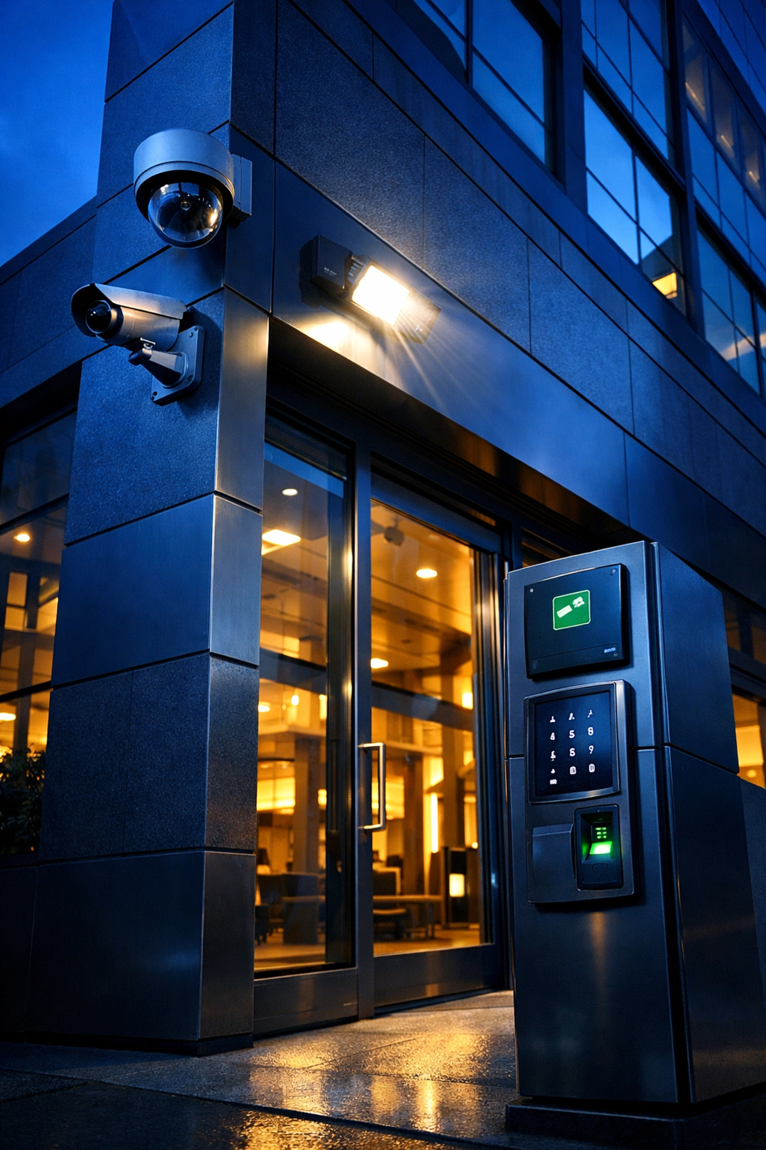 Modern commercial building with professional security cameras and access control systems