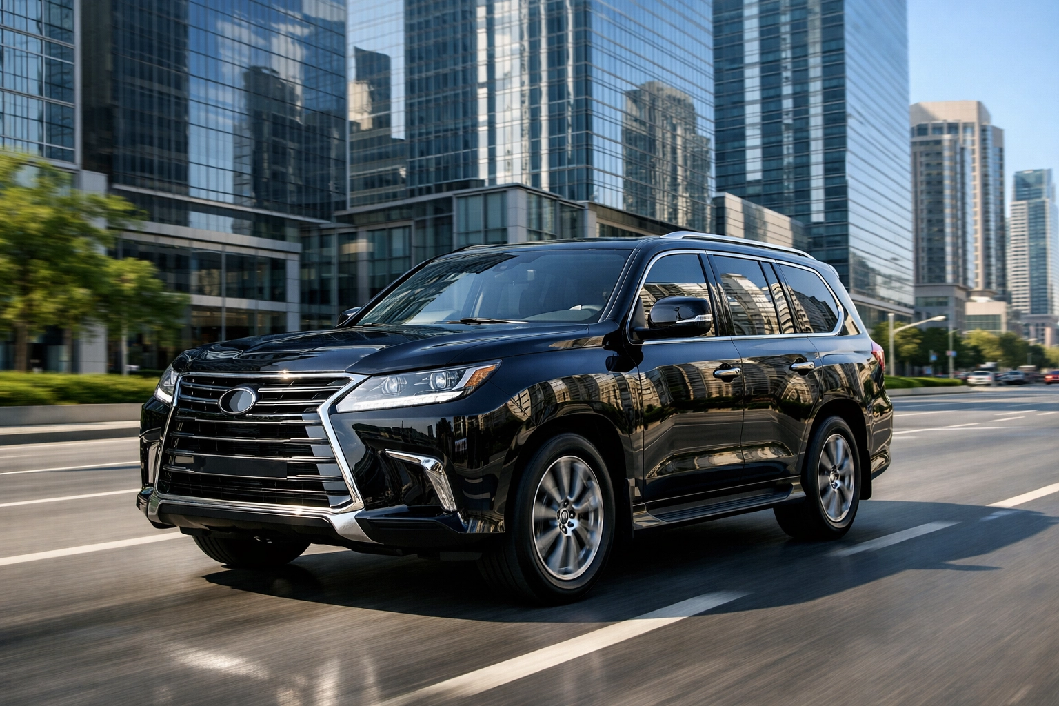 Corporate executive ground transportation in a black luxury SUV navigating city traffic.