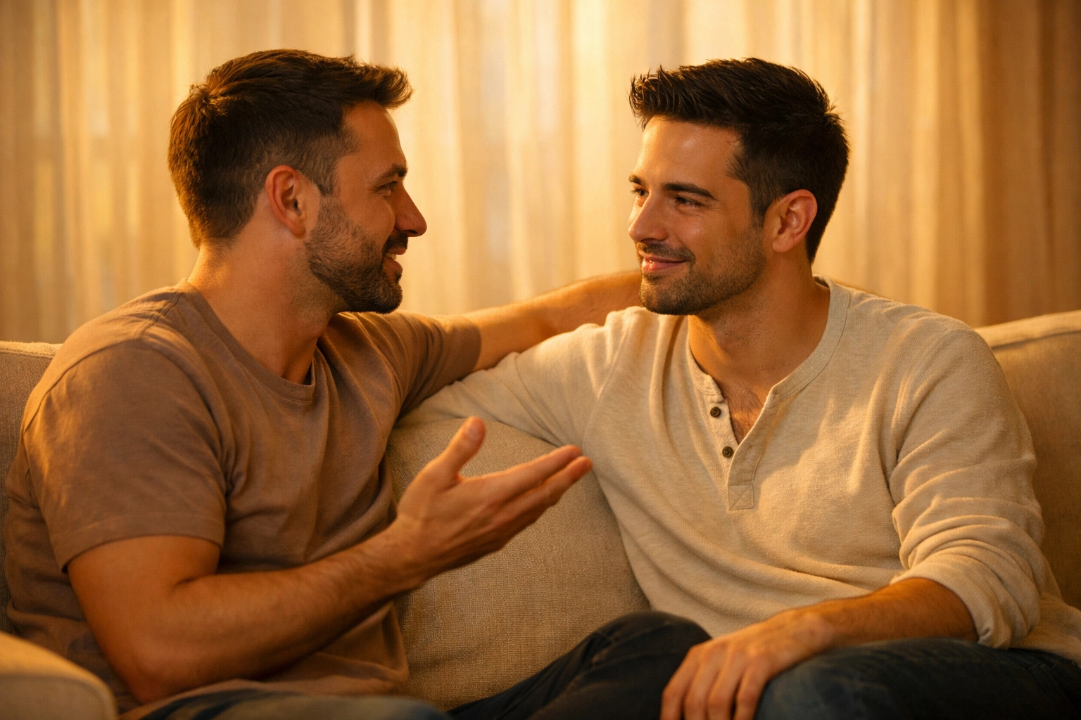 Two gay men in intimate conversation building trust and communication on couch