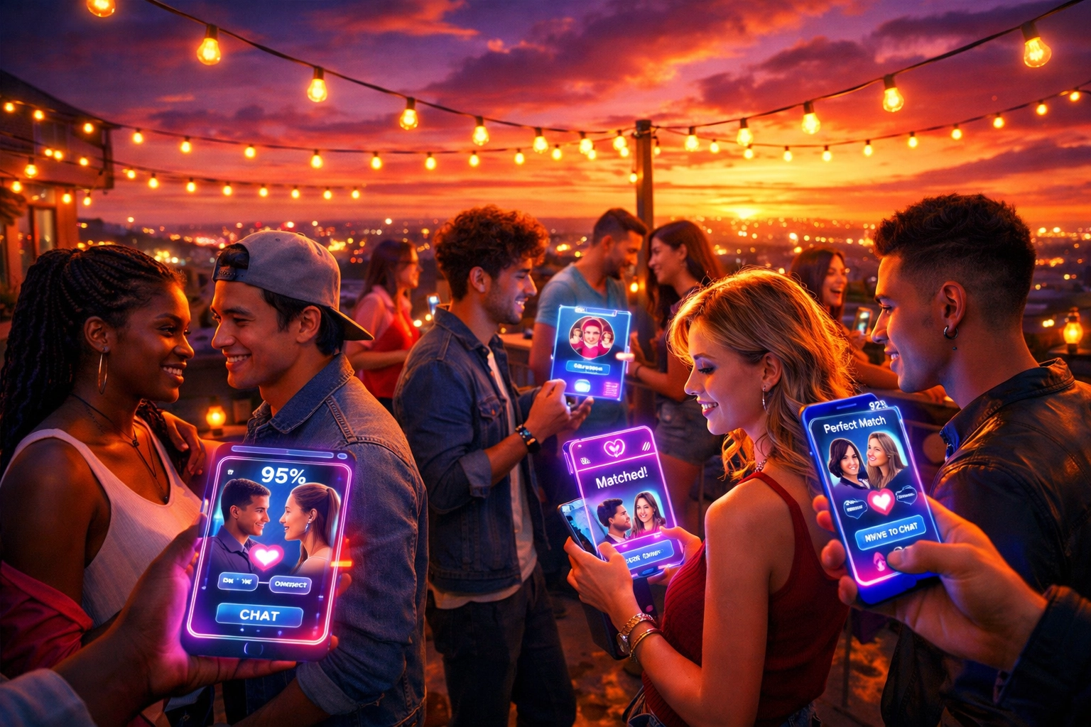 Young people socializing at rooftop party blending in-person connection with AI dating technology