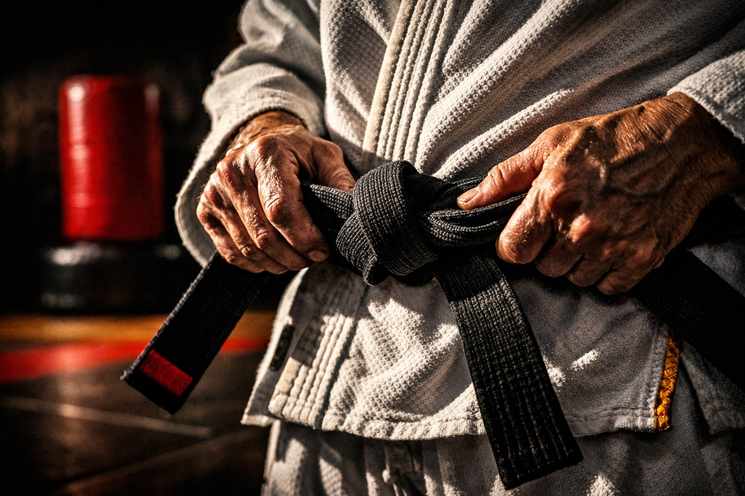 Hands tying martial arts belt at Vanguard jiu jitsu academy representing daily discipline