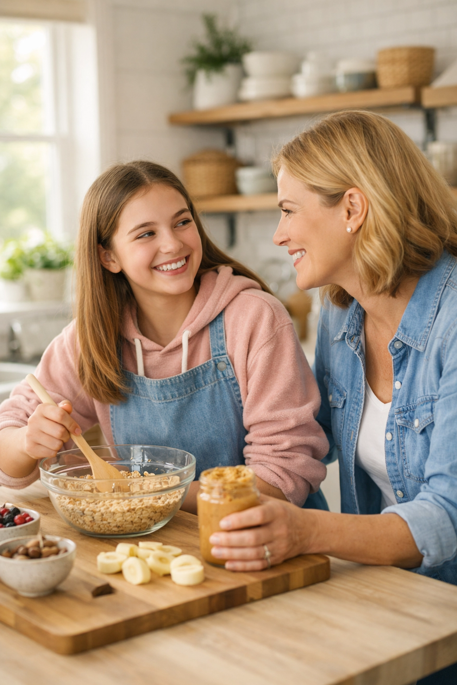 A supportive mentor and teen girl building trust in a modern teen residential treatment center.