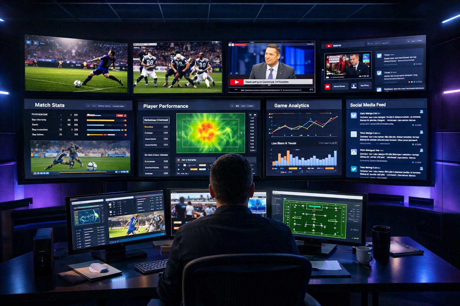 Sports analytics command center with multi-channel tracking dashboards for sponsorship performance measurement
