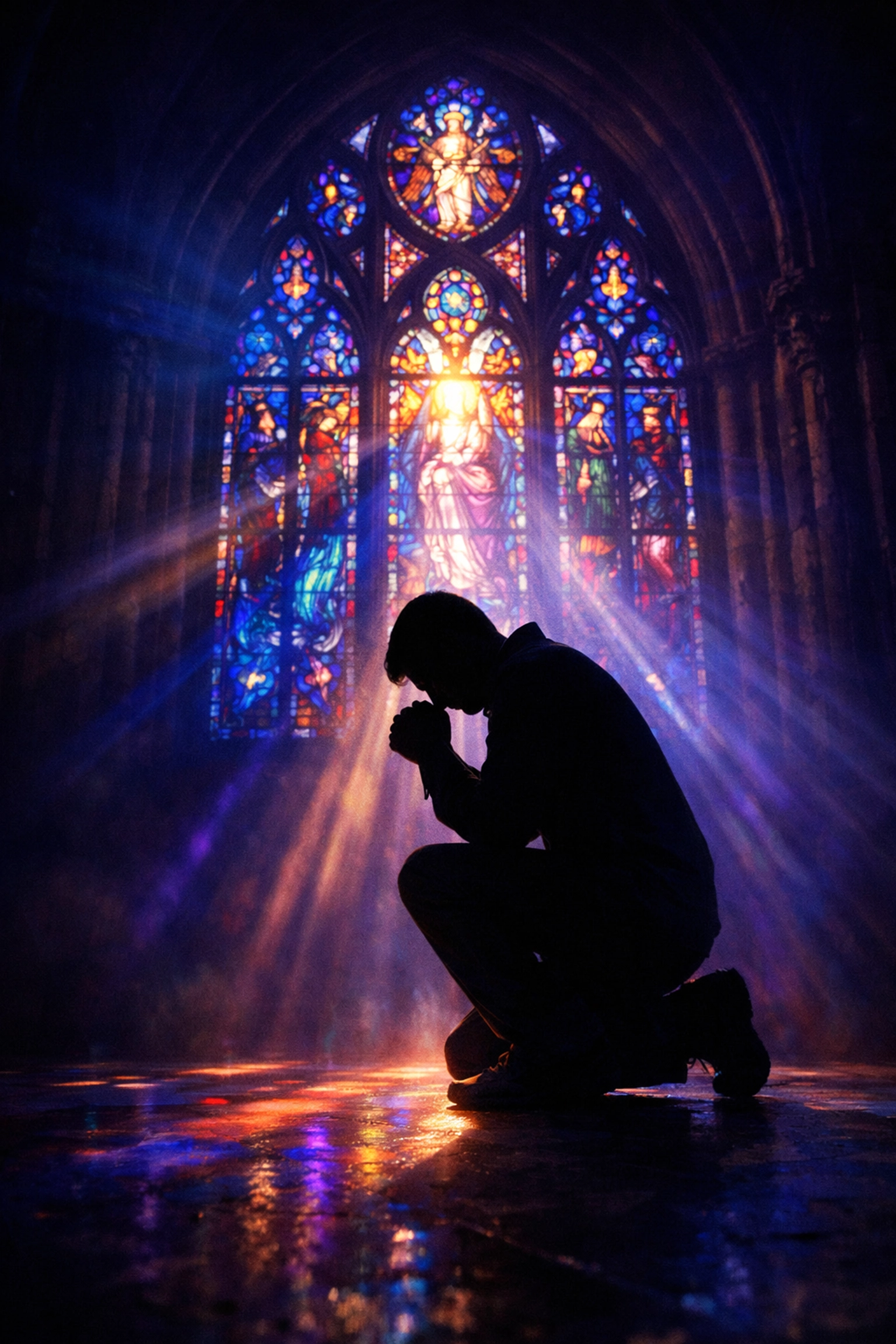 Person kneeling in prayer before stained glass window seeking God's wisdom