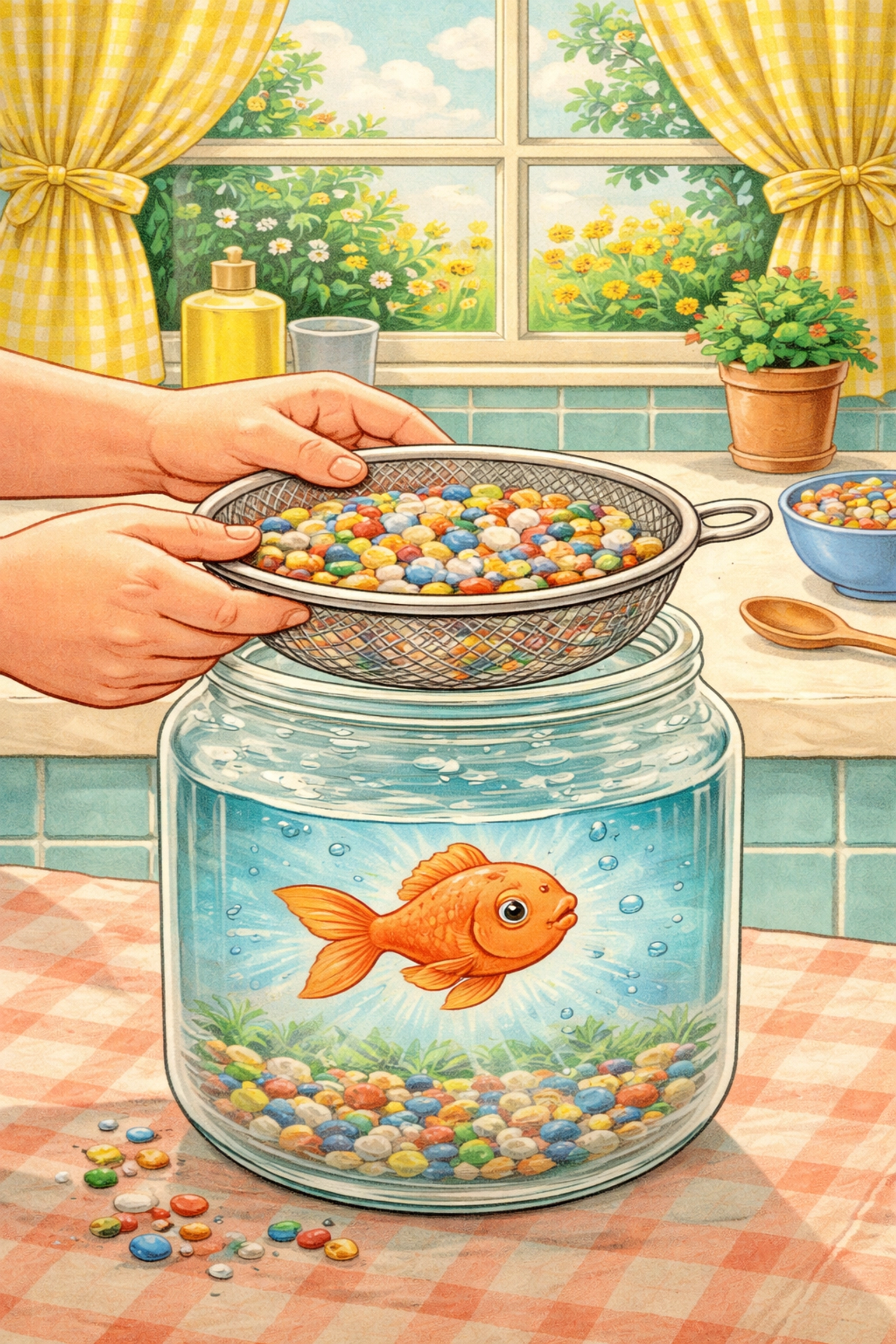 Child assembling a DIY aquaponics system with colander, gravel, and fish on a sunny kitchen counter