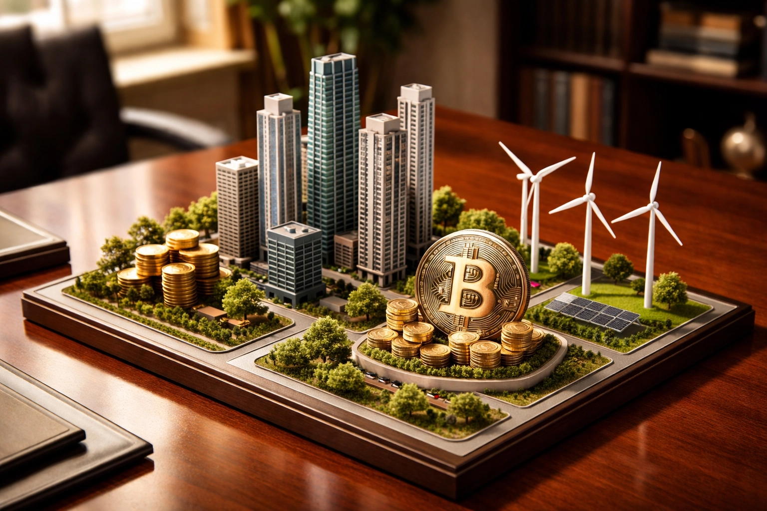 Architectural model depicting a diverse investment portfolio with real estate, traditional assets, and digital assets