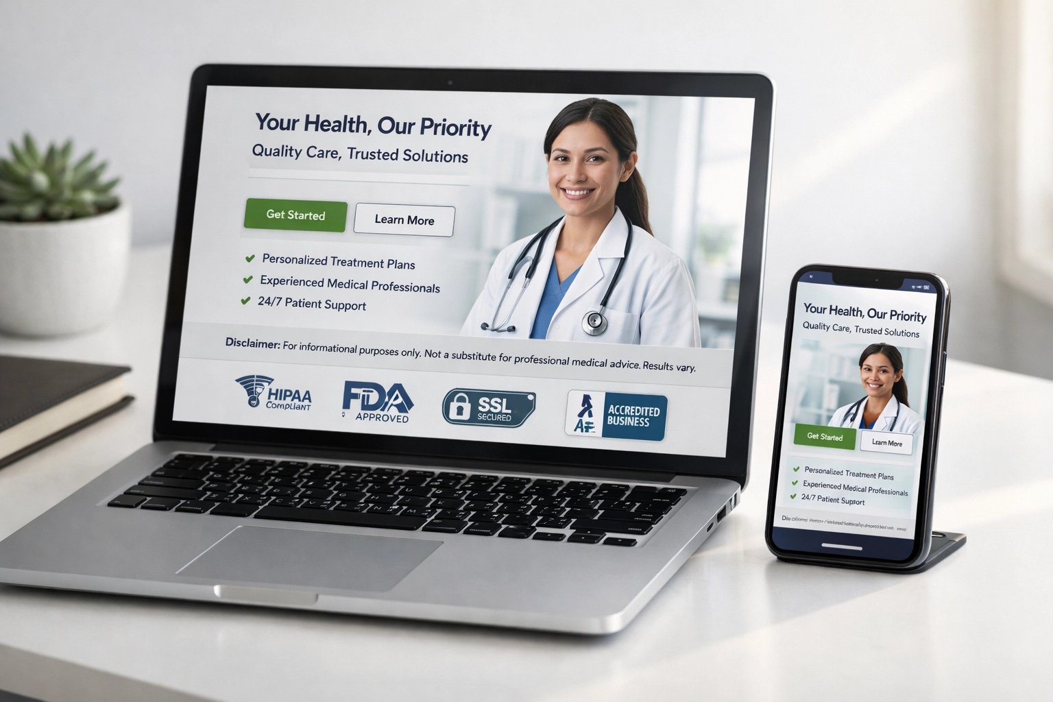 Compliant healthcare product landing page displayed on laptop and mobile devices