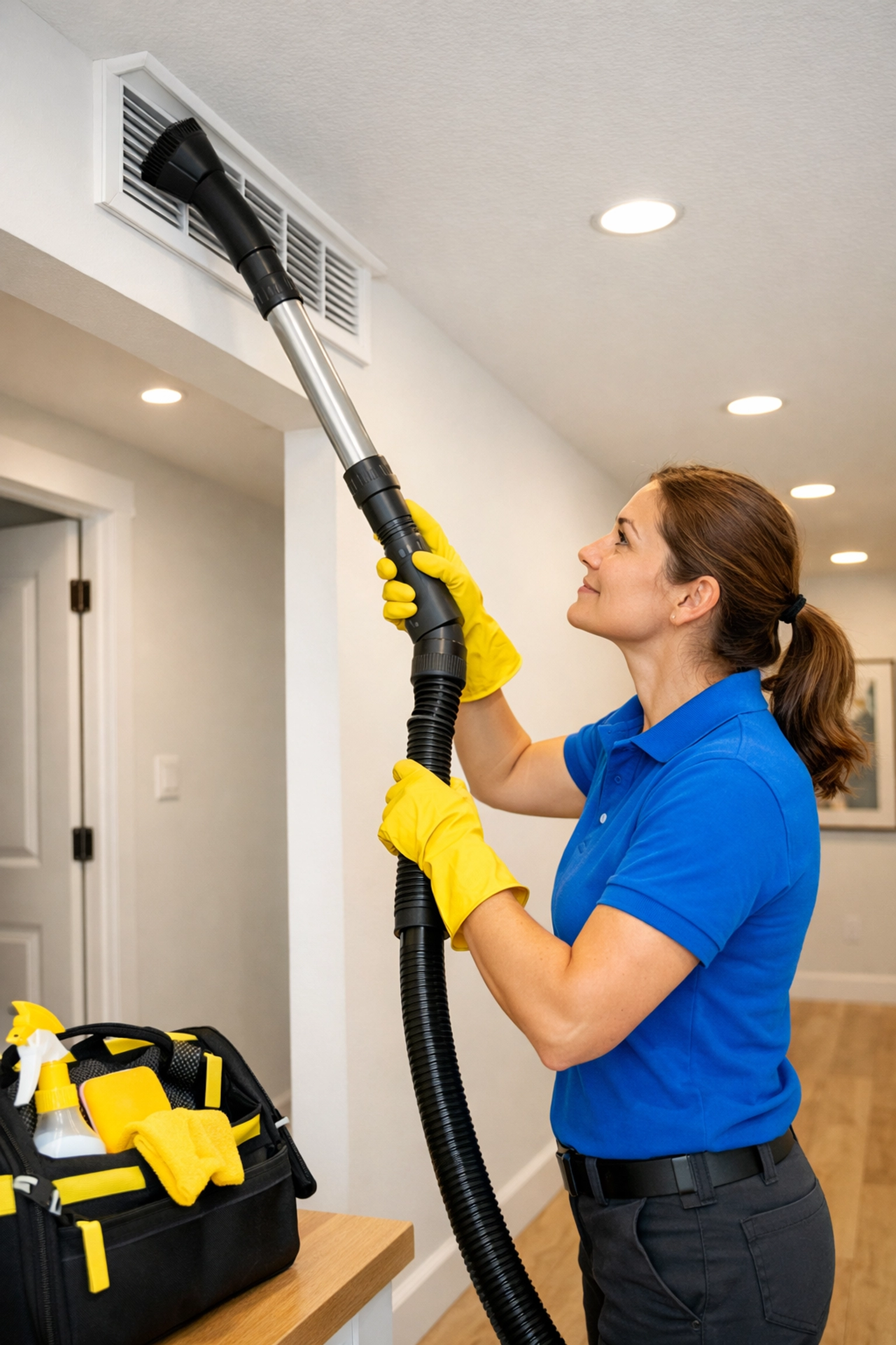 Professional cleaners Leominster MA vacuuming dust from high air vents to improve indoor air quality.