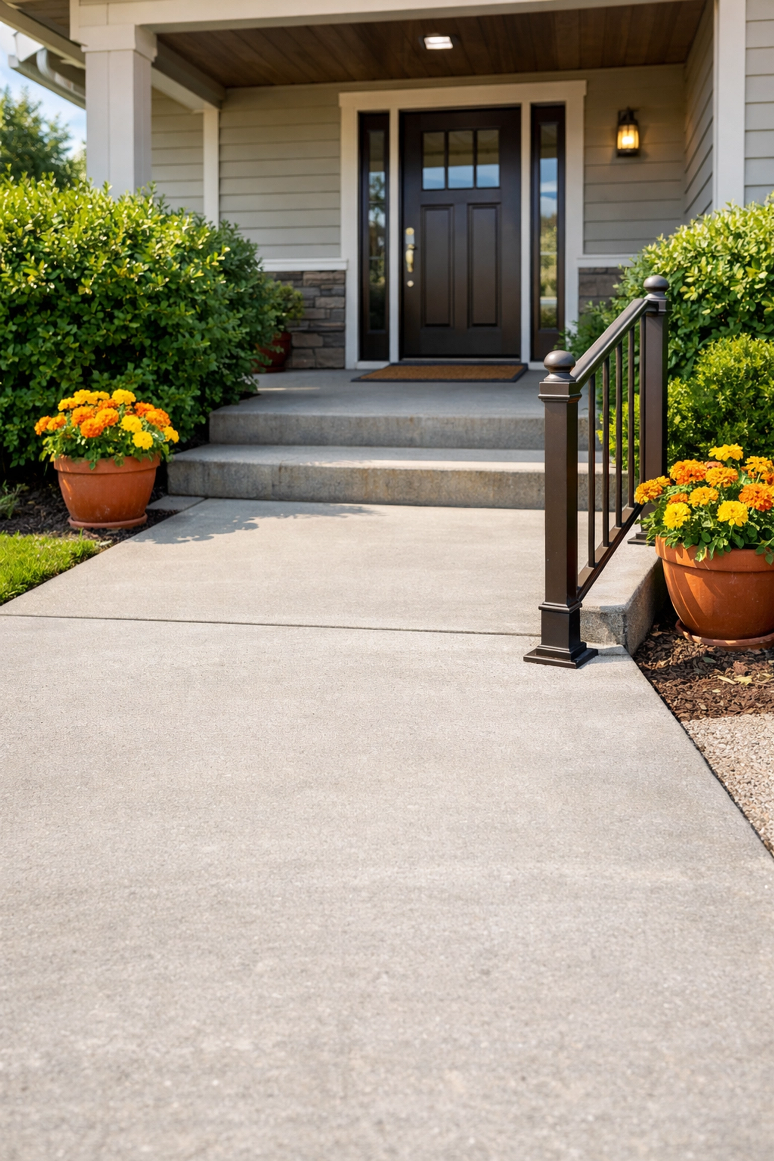 Safe residential entryway featuring a sturdy bronze handrail and smooth concrete walkway to reduce fall risks.
