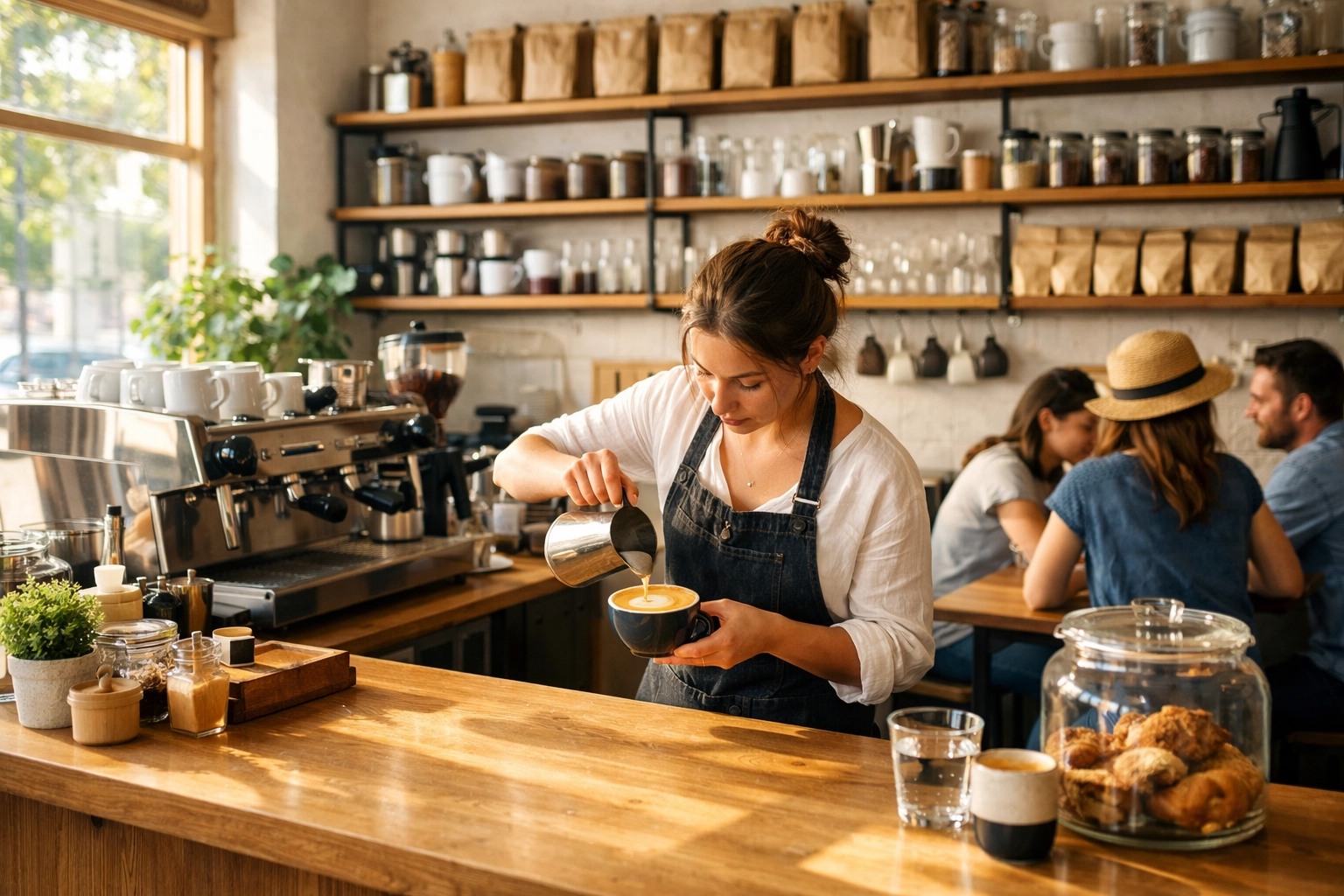 Modern specialty coffee shop interior with a barista preparing drinks at a bright, clean espresso bar.