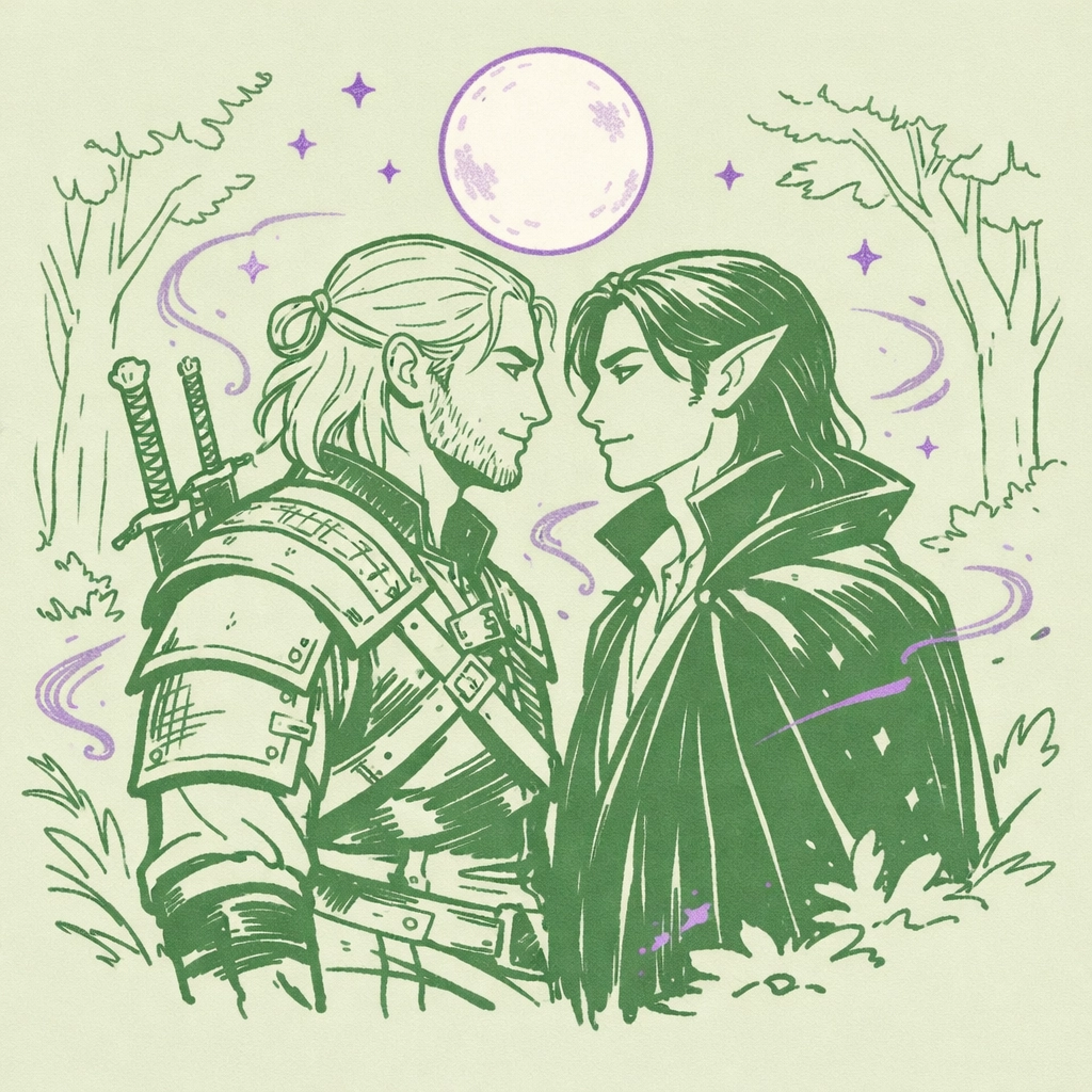 Fantasy MM romance: supernatural love between warrior and vampire in moonlit forest