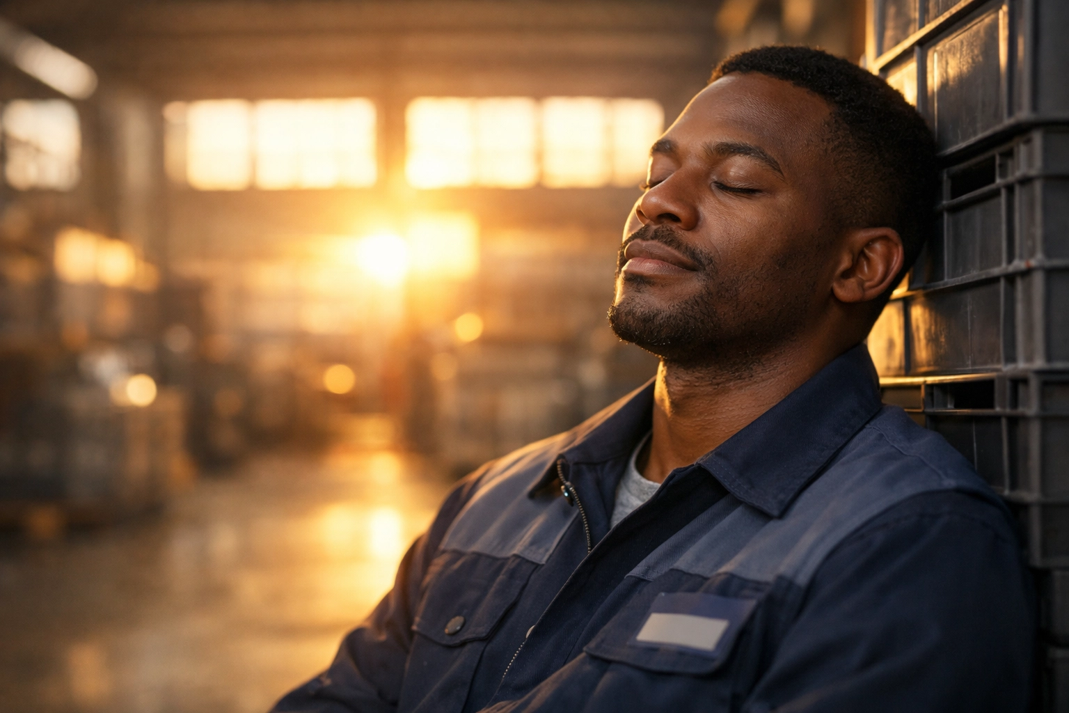 Warehouse worker pauses for daily prayer at sunrise, finding peace during a busy shift