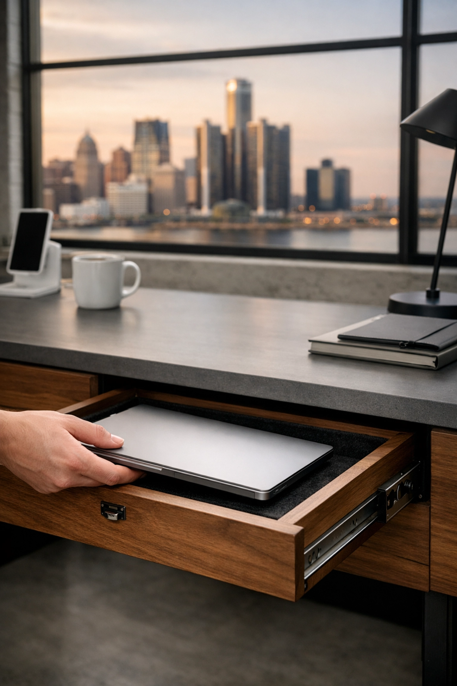 A hand securing a laptop in a locked office drawer in a Detroit business to prevent data theft.